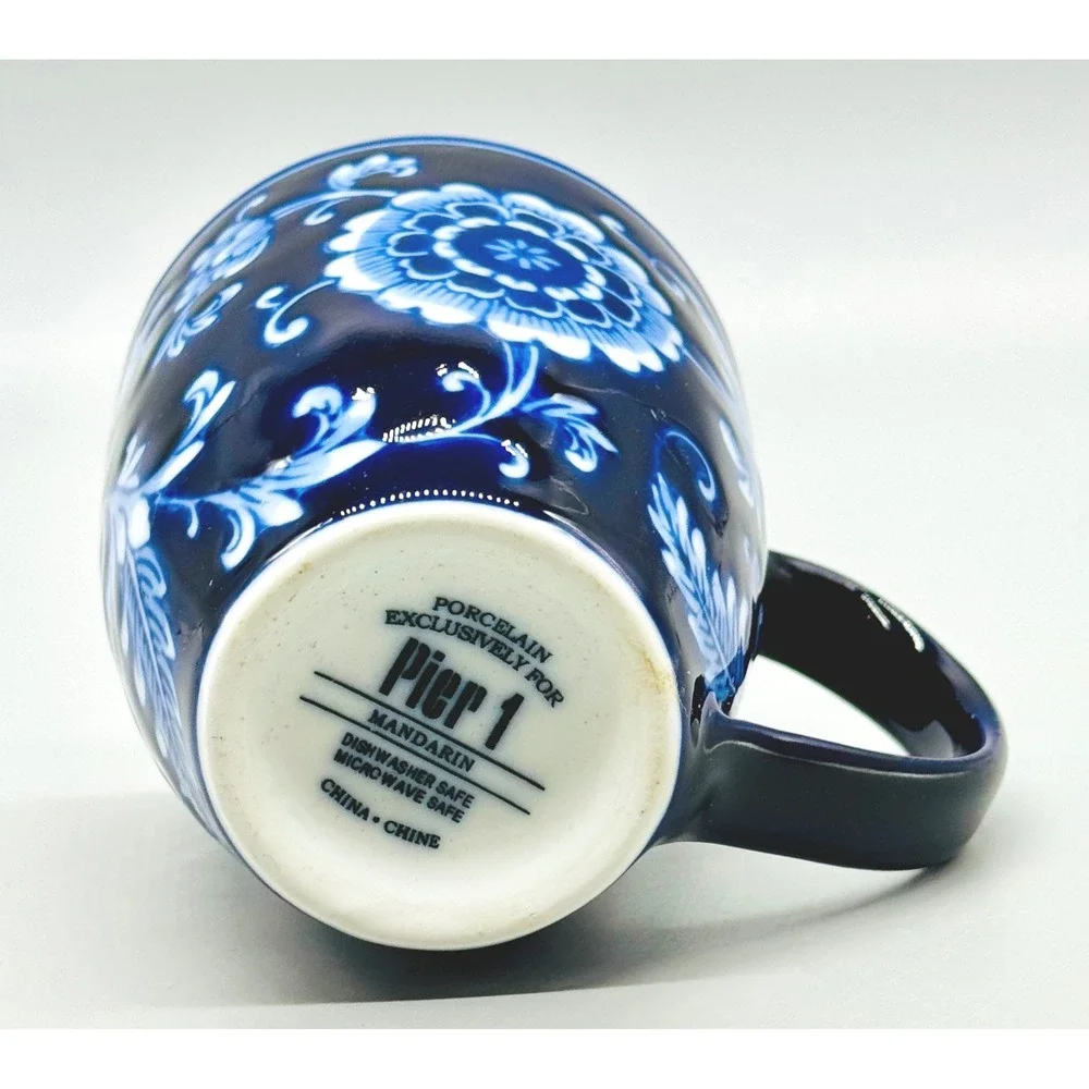 Pier 1 Mandarin Coffee Mug Blue White Floral Porcelain